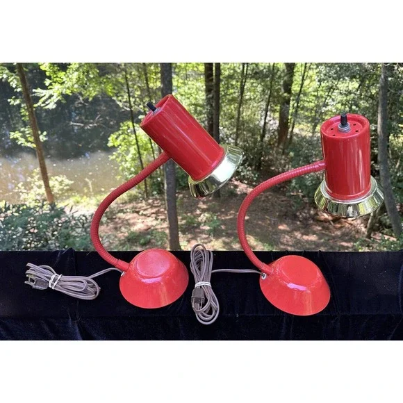 2 Mid Century Underwriters Laboratories Inc Vintage Red & Gold Gooseneck Lamps Home